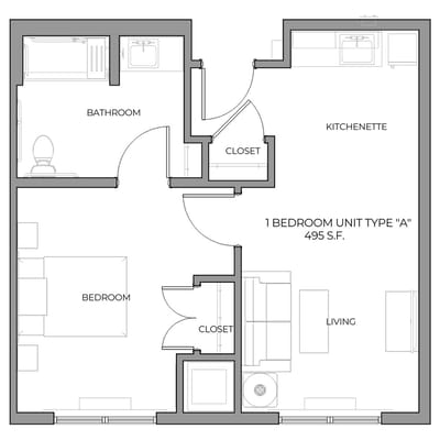 Architectural floor plan of a 1-bedroom unit