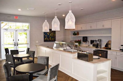 Bright interior view of a dining area with seating