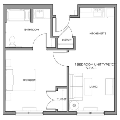 Architectural floor plan of a one-bedroom unit