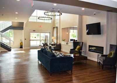 Bright and inviting interior lobby area with seating