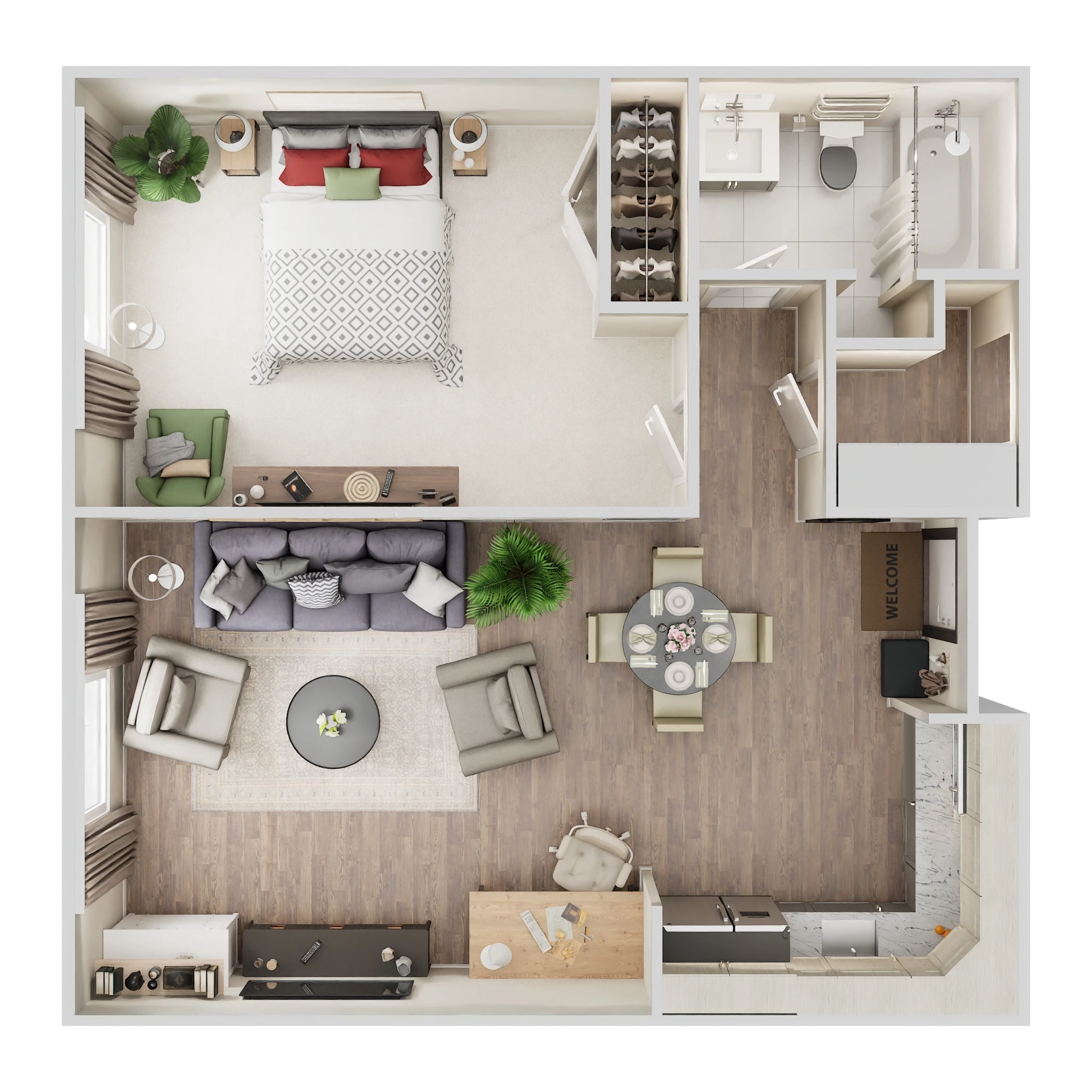 Stylized floor plan of a spacious resident unit
