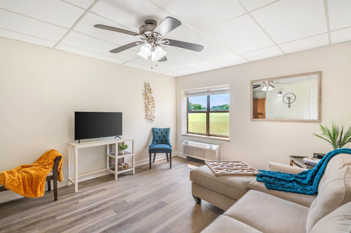 Interior view of a cozy senior living room.