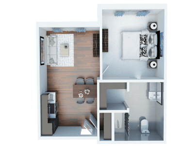 Floor plan of a one-bedroom senior living unit