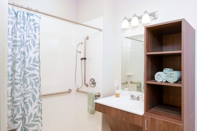 Modern bathroom with accessible features and towels