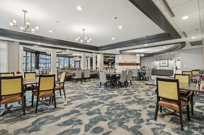 Dining area with tables and chairs in a bright setting