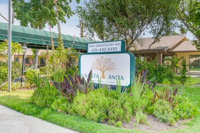 Signage and landscaping at Santa Anita Assisted Living entrance