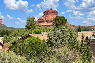 View of colorful red rock formations and lush foliage