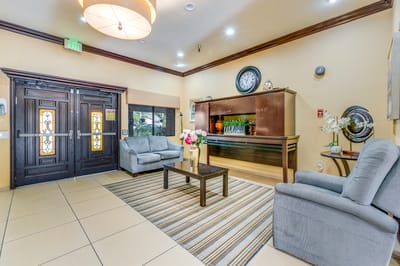 Interior view of a welcoming common area with seating