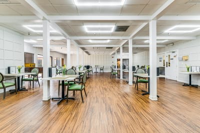 Bright dining room with tables and plants