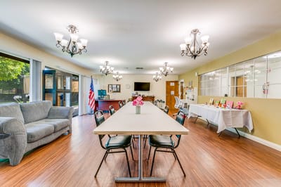 Bright common area with seating and decorations