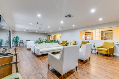 Bright and spacious common area with seating