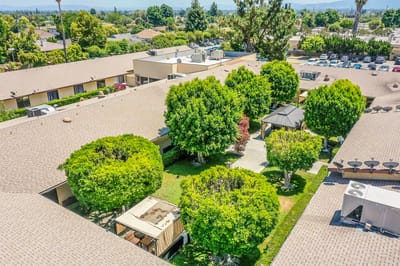 Aerial view of landscaped outdoor space between buildings