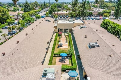 Aerial view of outdoor courtyard with seating areas