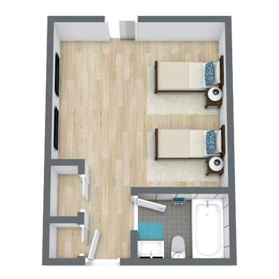 Floor plan of a resident room with two beds