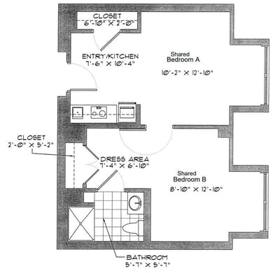 Architectural floor plan of shared living space