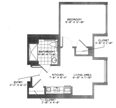 Architectural floor plan of a one-bedroom unit