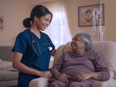 True Care Home Care – Bronx, home care in Bronx, NY — Nurse assisting a smiling elderly woman in a cozy setting