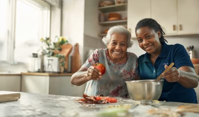 True Care Home Care – Bronx, home care in Bronx, NY — Senior caregiver and resident preparing a meal together