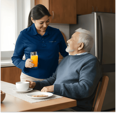 True Care Home Care – Bronx, home care in Bronx, NY — Caregiver serving juice to elderly man at home