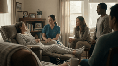 Care staff engaging with a resident in a cozy room