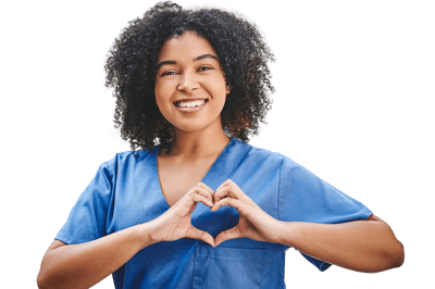 Female staff member making a heart gesture.