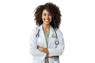 Smiling female healthcare professional in a lab coat
