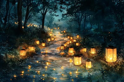 A serene path lit with lanterns