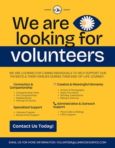 Colorado Palliative & Hospice Care of Colorado Springs, hospice care in Colorado Springs, CO — Volunteer recruitment poster for hospice support