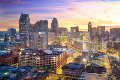 City skyline at sunset