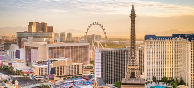 Aerial view of Las Vegas skyline at sunset.