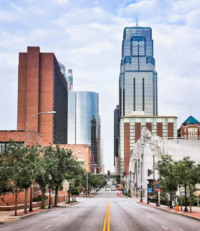 City skyline with modern buildings and clear sky.