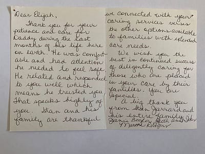 A handwritten thank you note addressed to a caregiver.