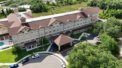 Aerial view of Discovery Village with entrance and outdoor space