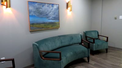 A cozy lounge area with teal seating and artwork