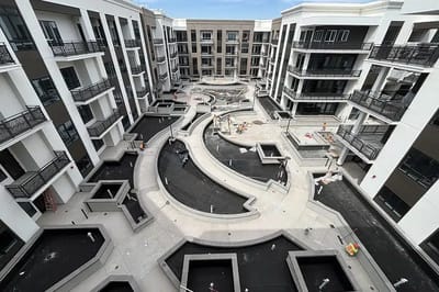 Aerial view of a construction site with pathways.