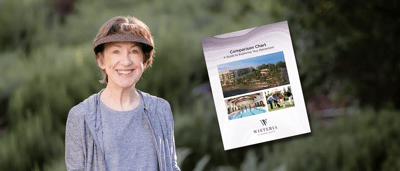 Smiling resident outdoors with a brochure.