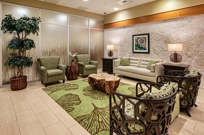 Cozy lounge area with seating and decor