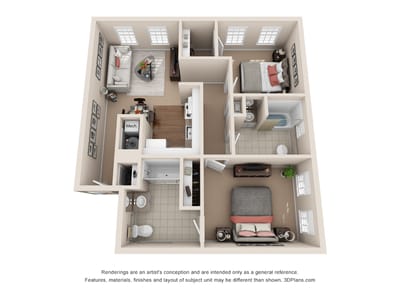 Floor plan of a two-bedroom unit layout