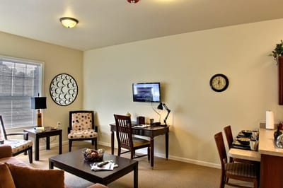 Cozy interior of a resident room with furniture