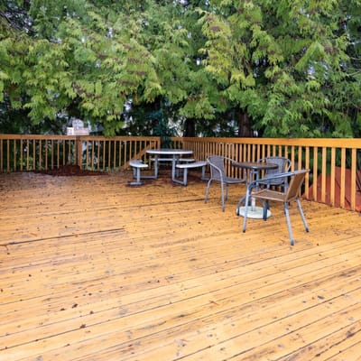 Outdoor seating area on a wooden deck