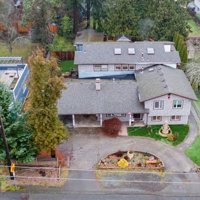 Aerial view of a senior living facility with outdoor spaces