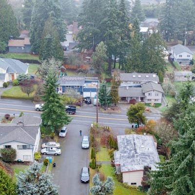 Aerial view of residential neighborhood with trees