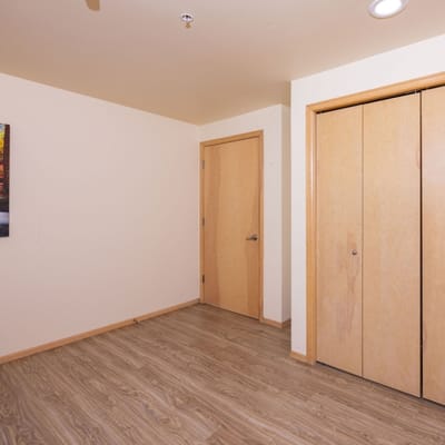 Empty interior room with wooden flooring and a closet