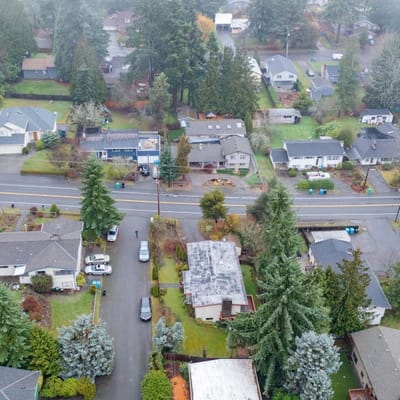 Aerial view of suburban neighborhood with homes