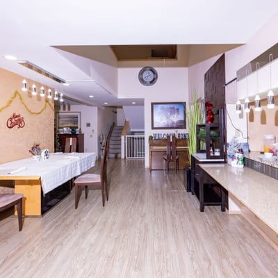 Interior view of a common area with dining tables