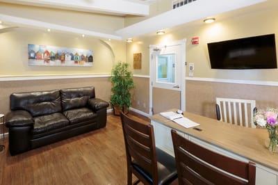 A cozy interior lounge area with seating
