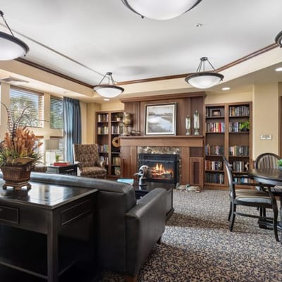 Cozy common area with a fireplace and bookshelves