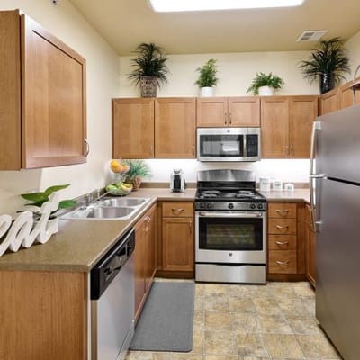 Modern kitchen interior with wooden cabinets and appliances