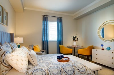 Cozy resident room with modern decor and natural light