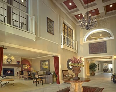 Bright interior of a senior living community's common area
